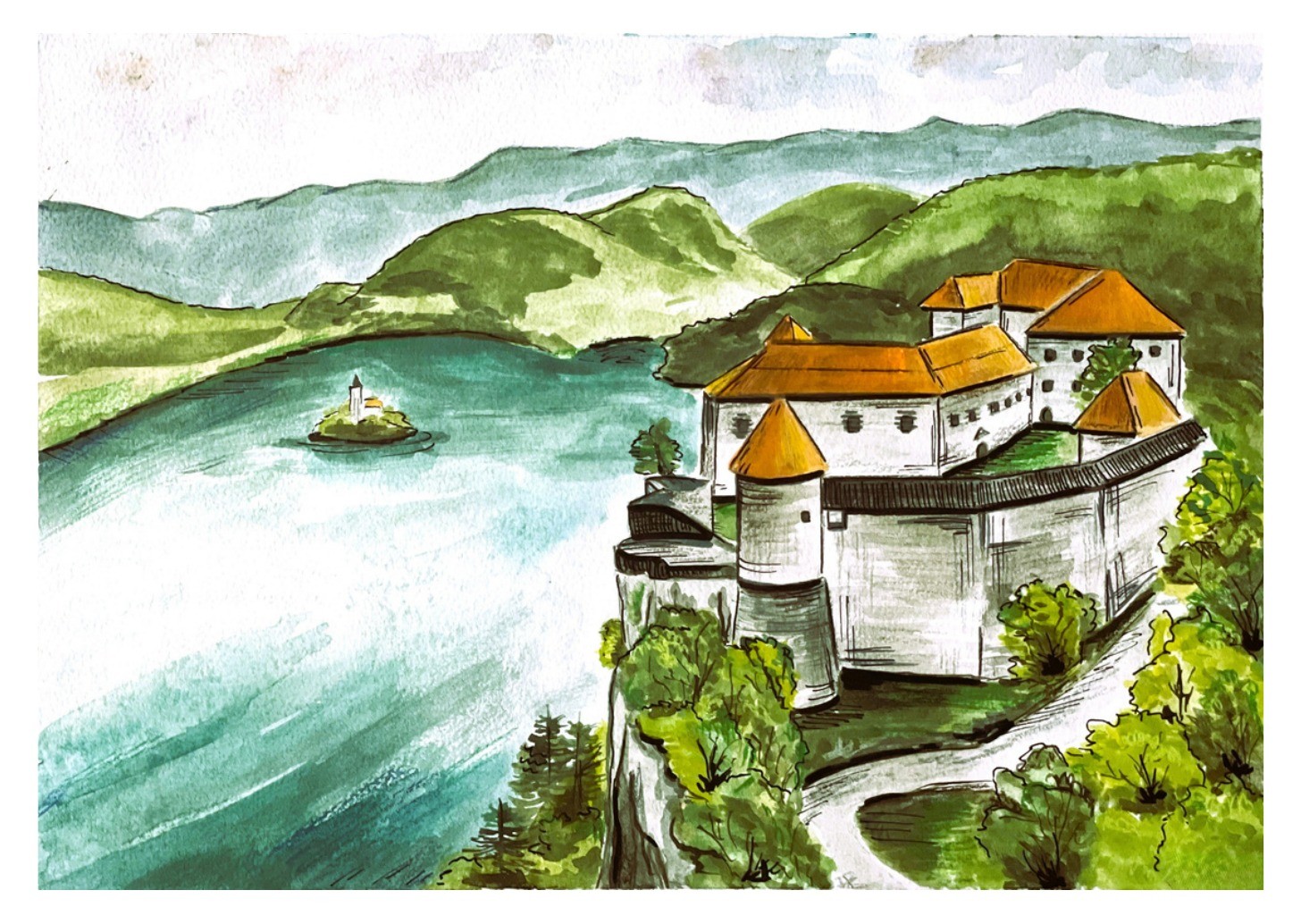 Blejski grad - akvarel