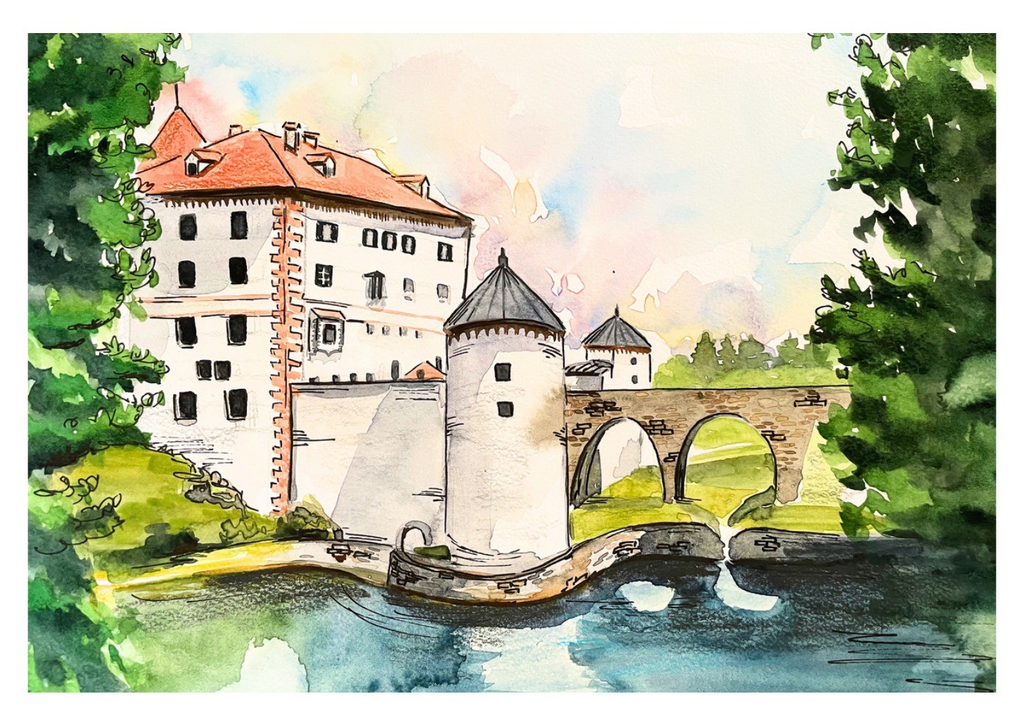 Grad Snežnik - akvarel
