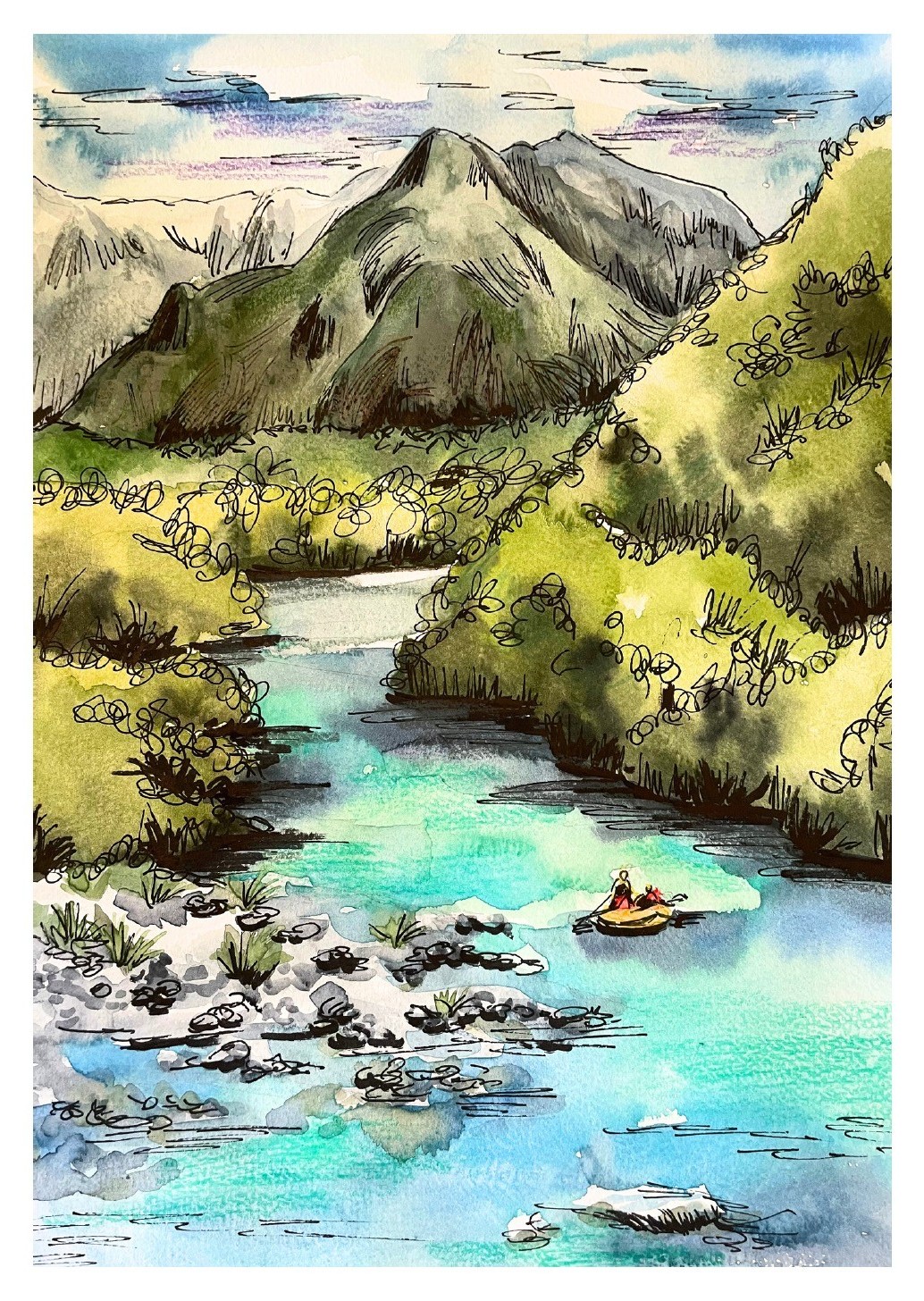 Rafting na Soči - akvarel